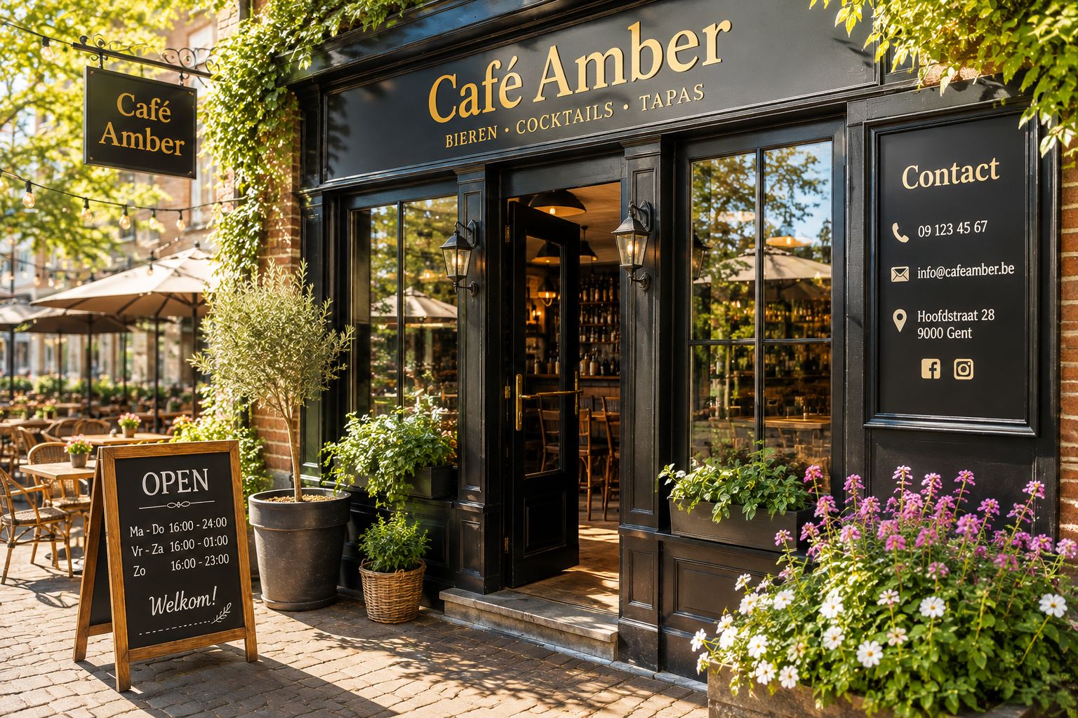 Lichte ingang en terras van Cafe Amber overdag