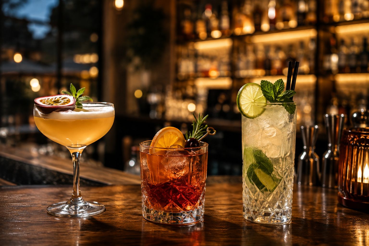 Cocktailselectie van Cafe Amber met citrus en munt op de bar