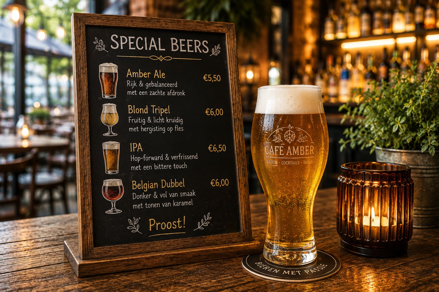 Speciaalbierkaart en glas bier op een warme houten toog