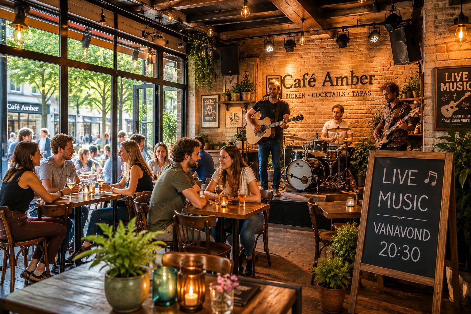 Live optreden in Cafe Amber met volle tafels en podiumlicht
