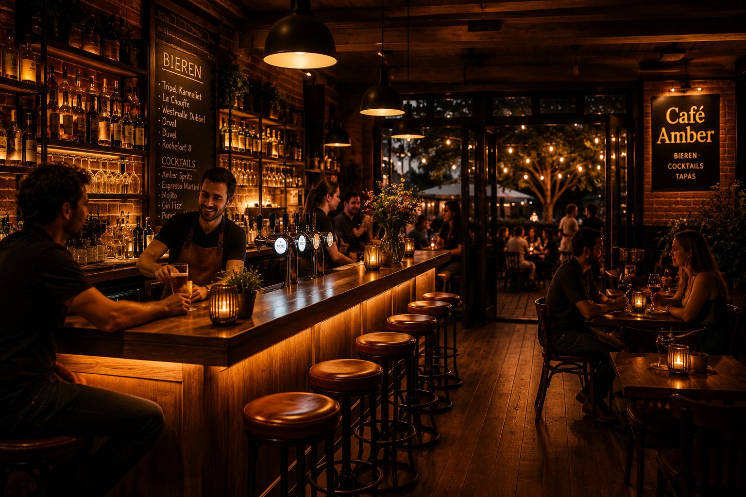 Warm barinterieur van Cafe Amber met gasten aan de toog