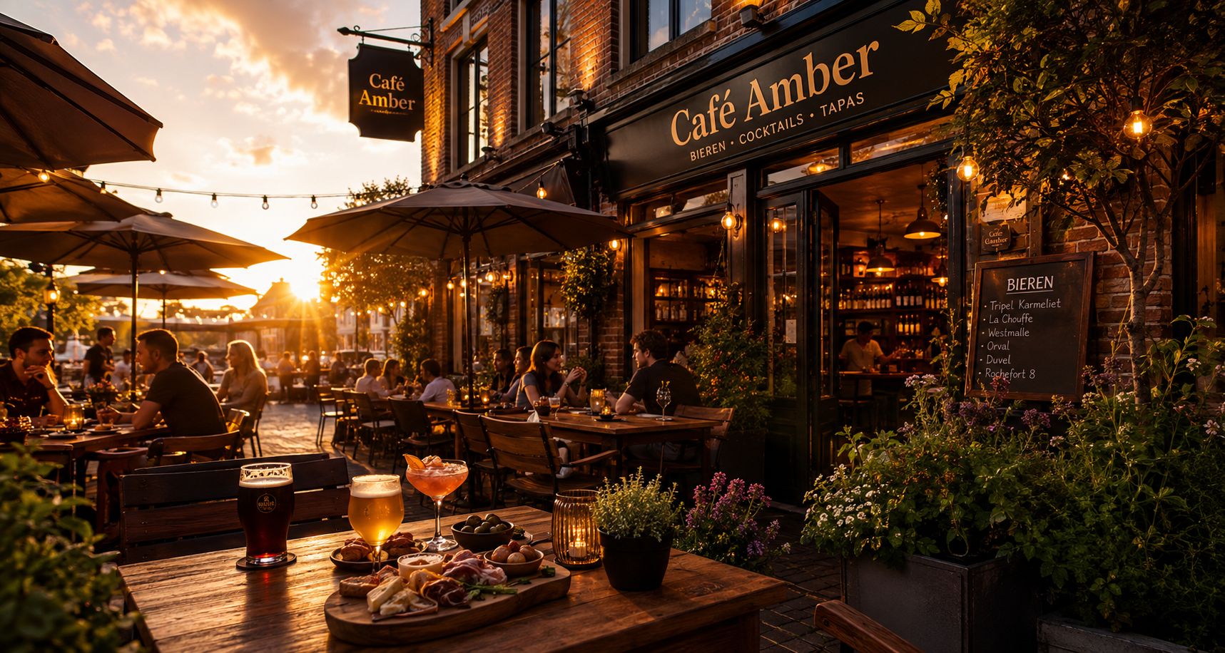 Terras van Cafe Amber bij zonsondergang met bier, cocktails en tapas op de voorgrond