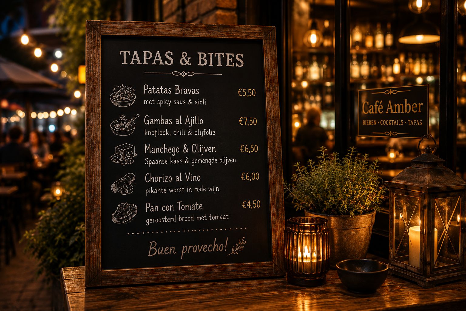 Tapasbord van Cafe Amber met gedeelde gerechtjes en warme avondverlichting