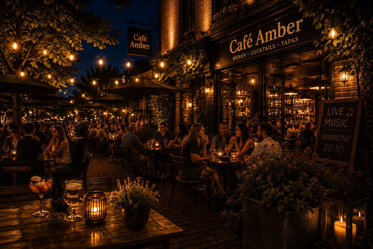 Avondterras van Cafe Amber met lichtslingers en live music-sfeer