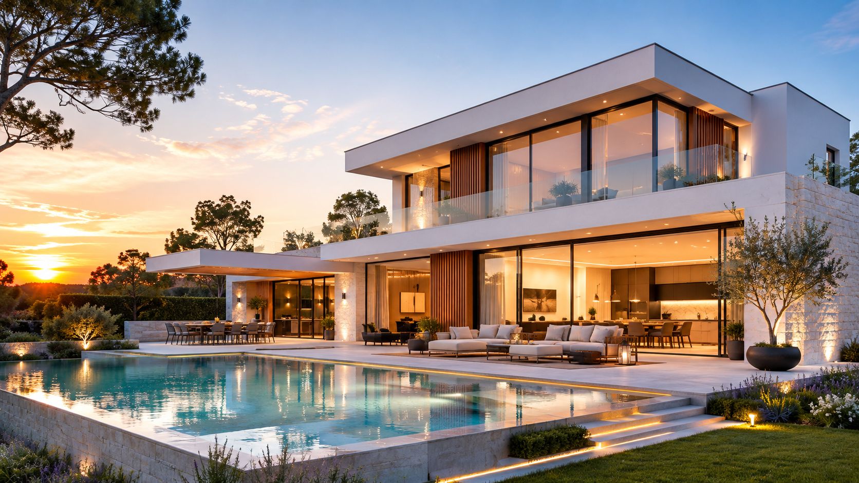 Moderne villa in warm avondlicht