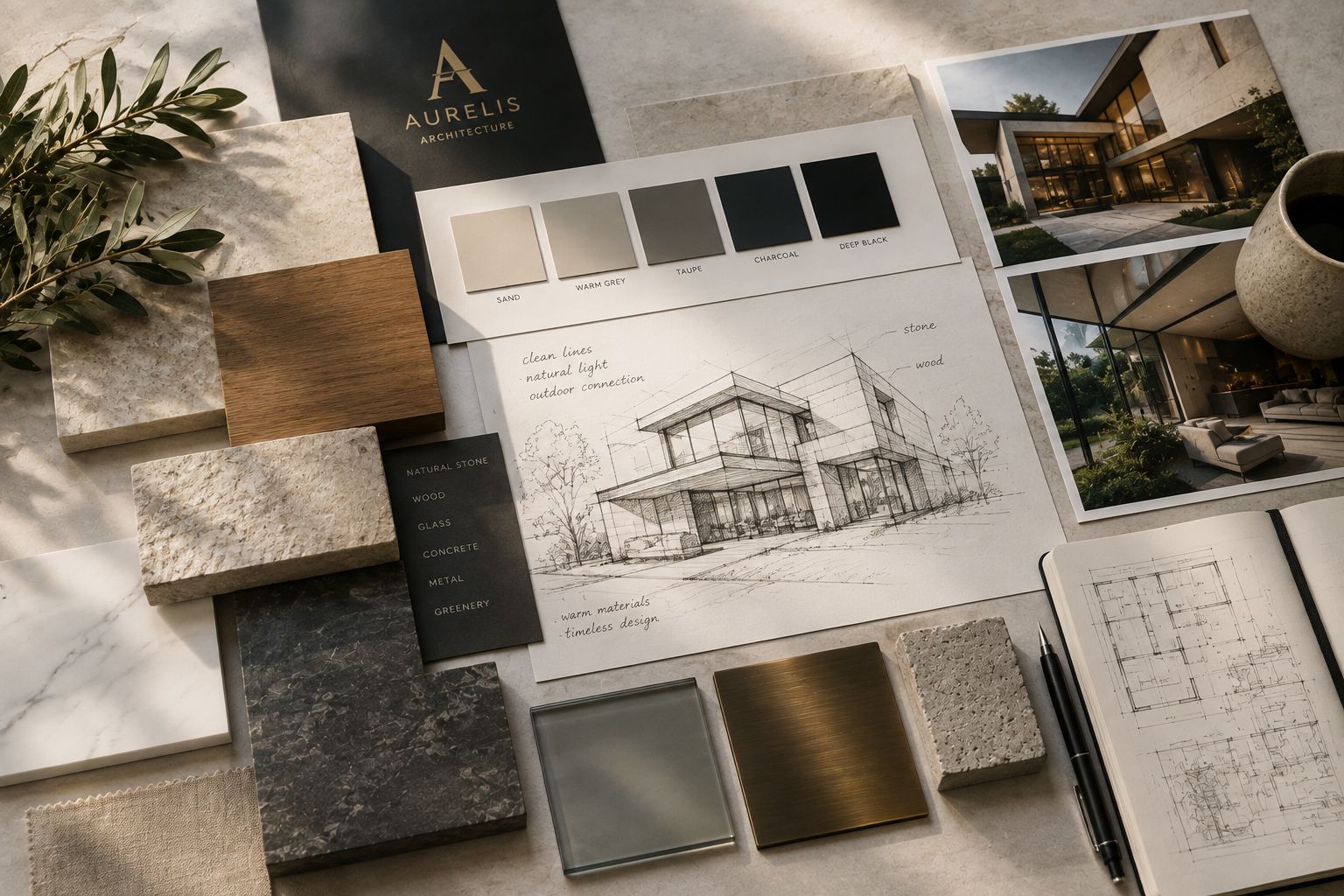 Materiaalbord met steen, hout, metaal en beton