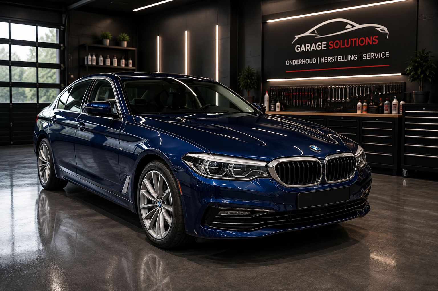 Donkerblauwe BMW performance sedan in de TorquePoint-showroom