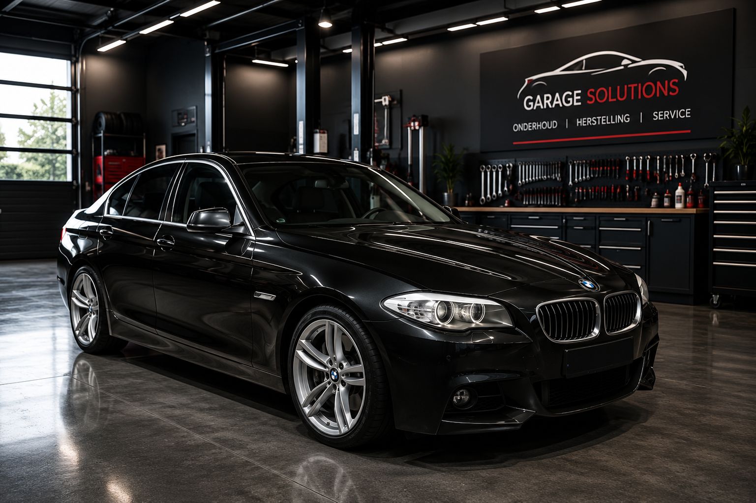 Blauwe BMW touring in de TorquePoint-showroom