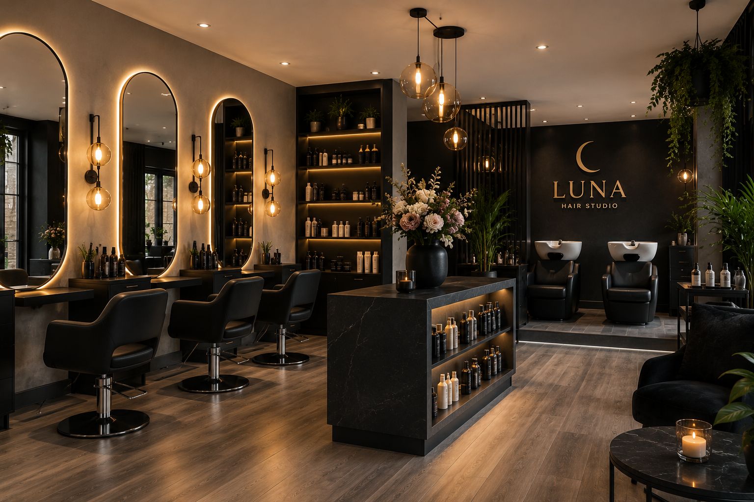 Luxe interieur van Luna Hair Studio met elegante kappersstoelen en warme belichting
