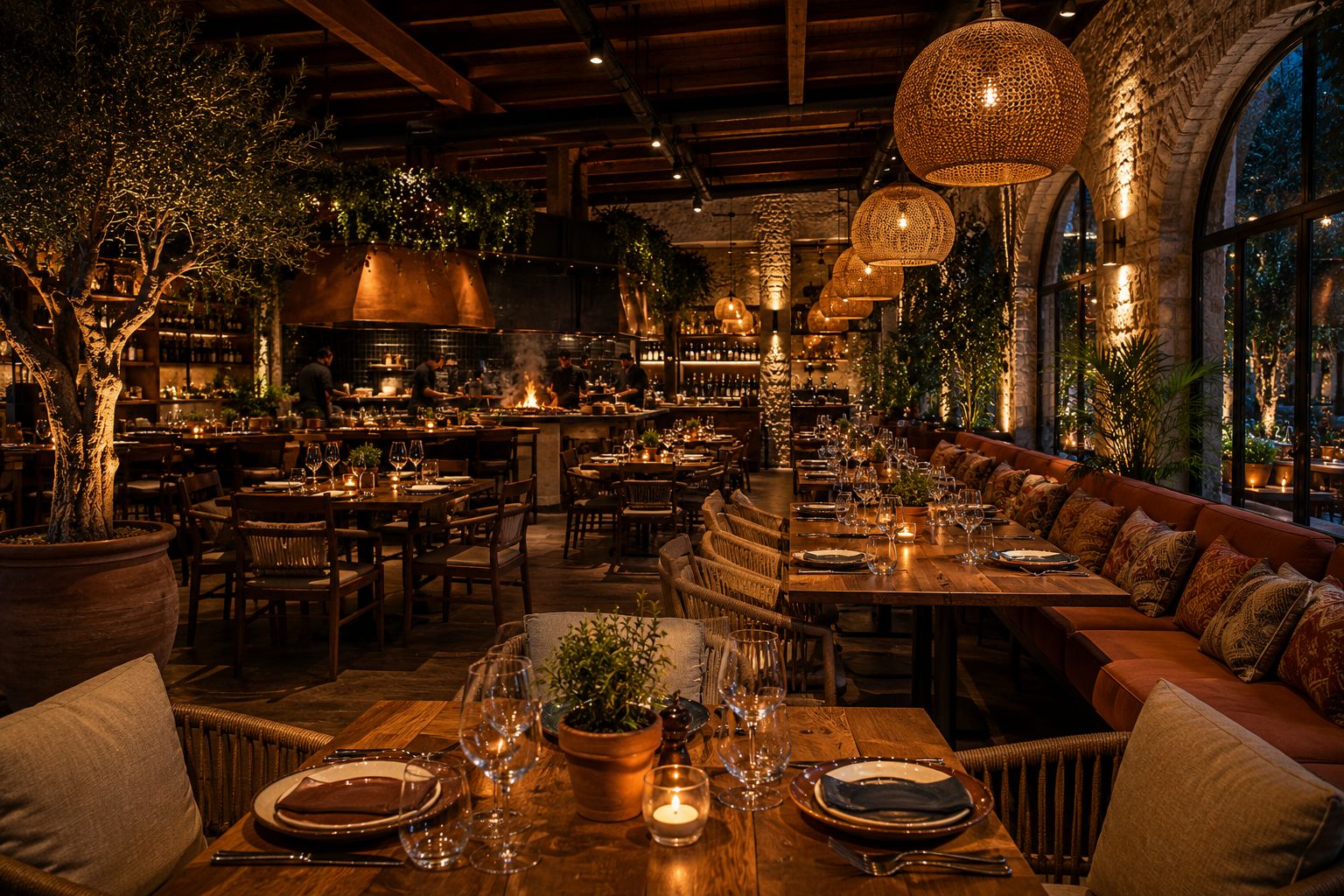 Sfeervolle avondservice in een mediterrane brasserie met kalksteenbogen en gedekte tafels