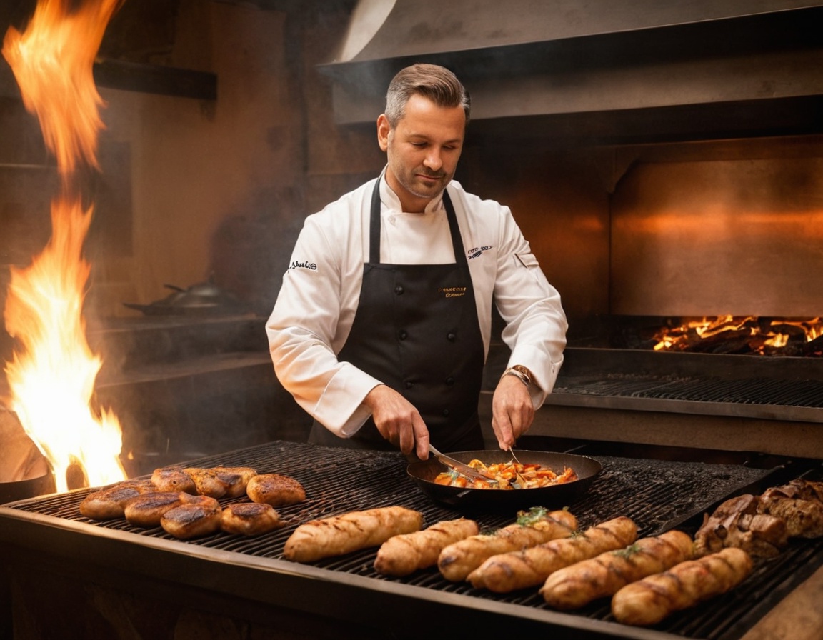 Chef aan de open grill tijdens service