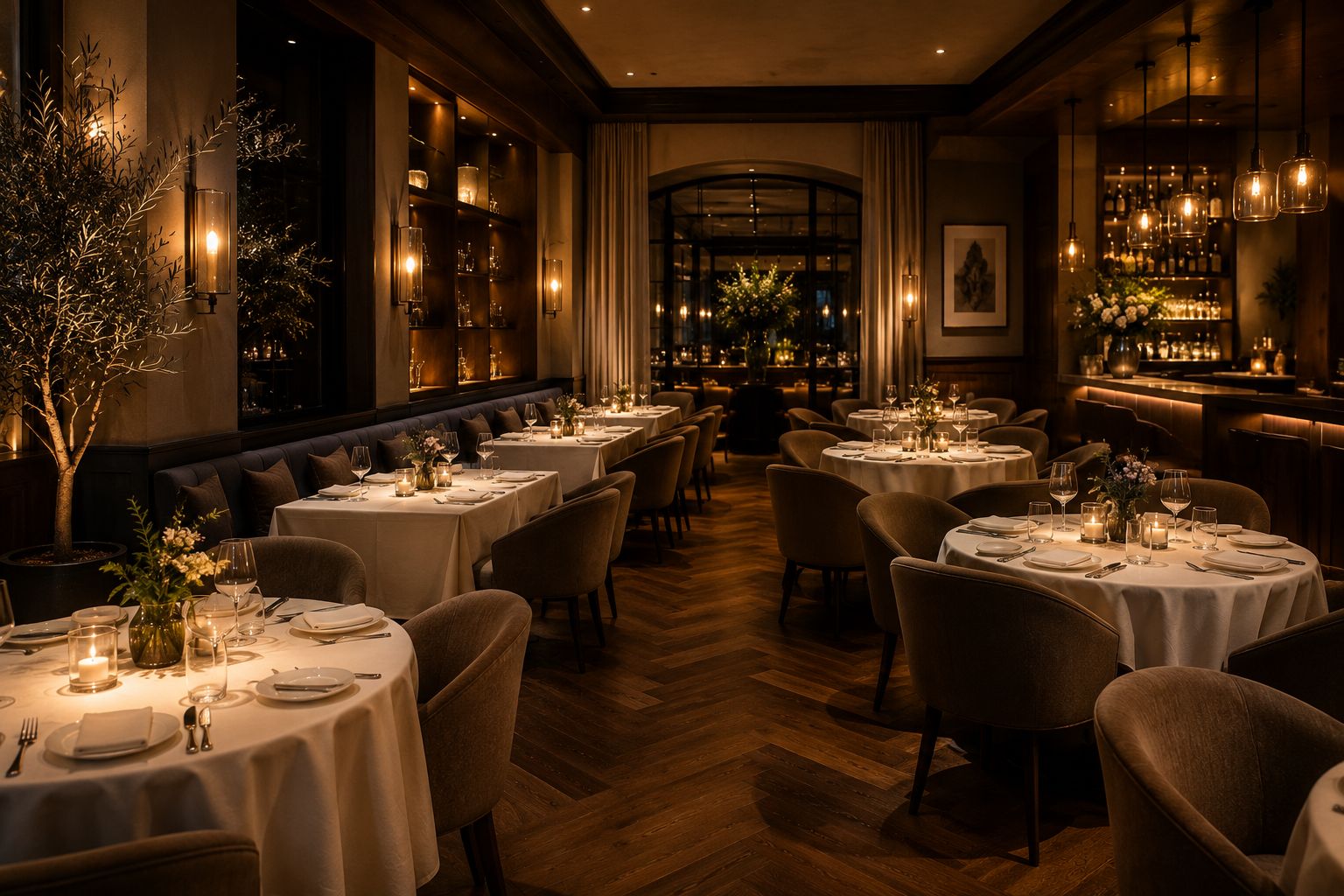 Overzicht van de eetruimte in warme restaurantstijl