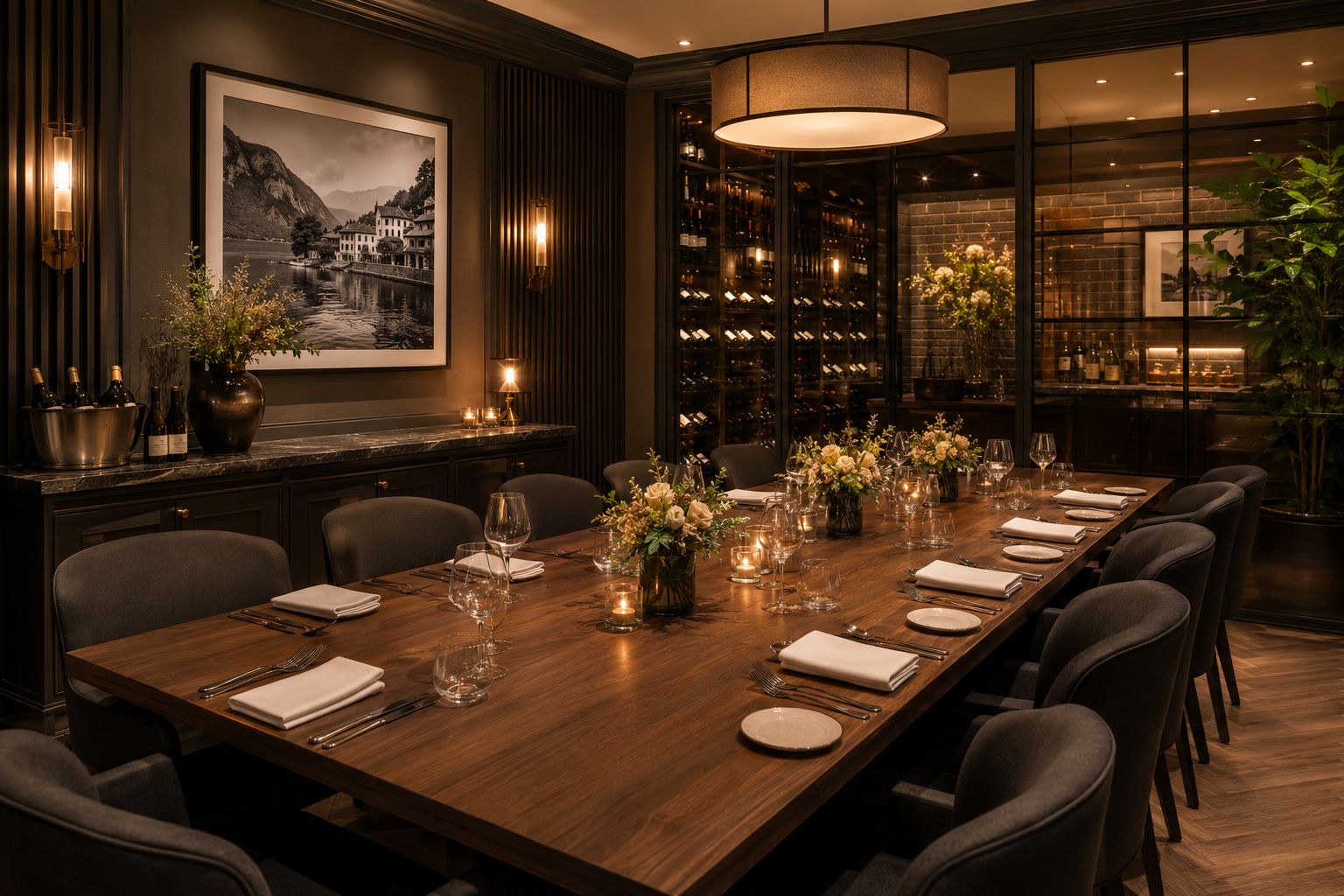 Private dining tafelopstelling voor groepsreservaties in warme restaurantstijl